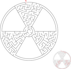 Black maze inside international radiation symbol on white background. Trefoil around a small central circle labyrinth with passing route. Original design of common intellectual game. Nice icon