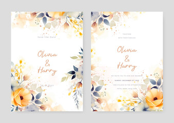 Yellow poppy artistic wedding invitation card template set with flower decorations