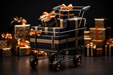 trolly shopping cart Realistic black Christmas gifts adorned with gold ribbons for a Black Friday sale