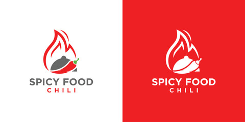 Spicy Food Logo Design. Chilli Close Serving Fire Logo Icon Symbol Vector Design Template.