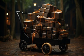 trolly shopping cart Realistic black Christmas gifts adorned with gold ribbons for a Black Friday sale