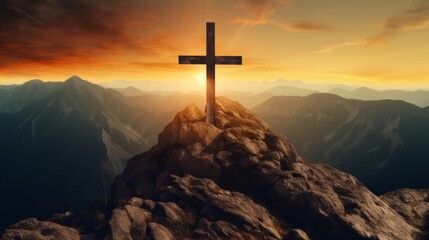 Silhouette Christian cross on mountain in sunrise background - obrazy, fototapety, plakaty
