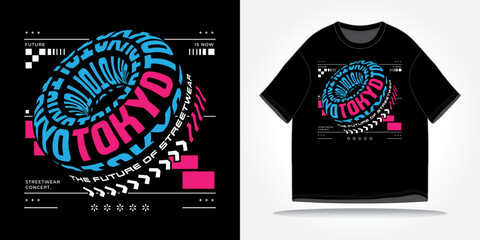 Tokyo japan streetwear tshirt slogan typography y2k, futuristic, future, cyberpunk, retrofuturism. Vector logo icon design illustration. Poster, background, clothing, sticker, badge, quote t-shirt