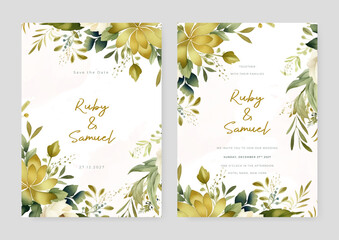 Green and white peony vector wedding invitation card set template with flowers and leaves watercolor