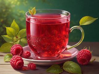 cup of raspberry tea with raspberries