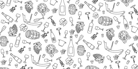 wine elements hand drawn, doodle and vector illustration icons set