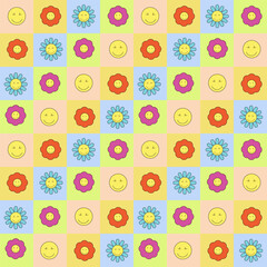 Pattern of stylized retro flowers and emoticons. 80s and 90s style. I Vector made of colored square blocks. For flyers, covers and posters, brochures and advertising, web page design and social media.