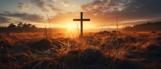 Silhouette Christian cross on grass in sunrise background - obrazy, fototapety, plakaty