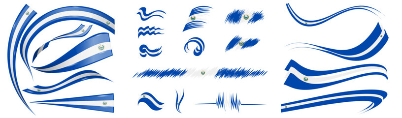 El Salvador flag set elements, vector illustration on a white background