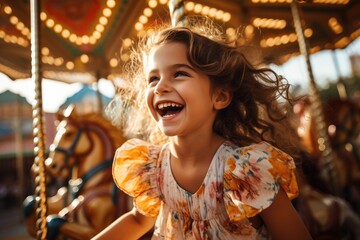 Cheerful young girl having fun at an amusement park playing carousel