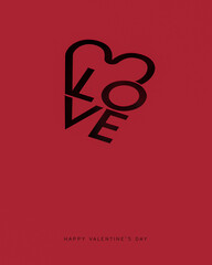 Valentine's Day minimalistic greeting card design with text. Love with heart shape on vibrant red background. 3D Rendering, 3D Illustration