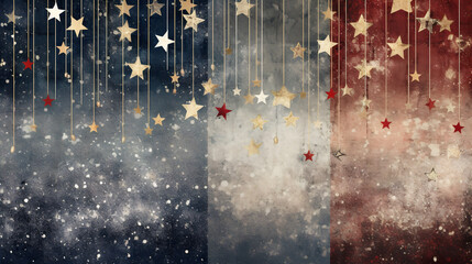 Glittering stars emerge from delicate strings, red, white, and blue background evoking a sense of patriotism and awe