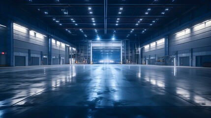 Modern empty industrial warehouse interior with closed shutter door and LED lighting. - obrazy, fototapety, plakaty