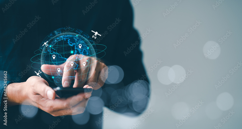 Aufkleber hand touching on global internet connection. business global internet connection application technol