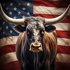 A Steer with an American flag behind it. Represents Cattle and beef production in America. 