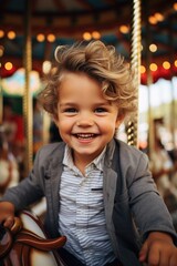 Cheerful young boy having fun at an amusement park playing carousel