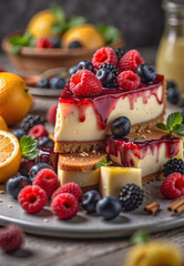 Cheesecake, fruit cake with berries and citrus, confectionery product