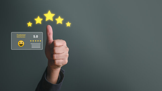 Customer satisfaction feedback review concept. Hand with thumb up Positive emotion happy smile face and five star with copy space. Customer service experience and business satisfaction survey.