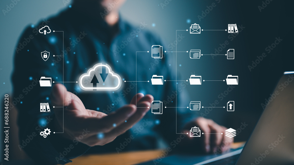 Poster hand holding virtual cloud computing with global internet connection. business global internet conne