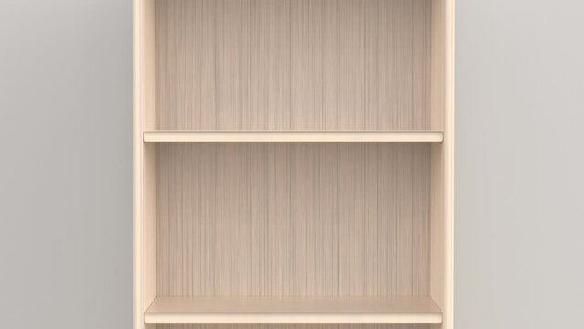 Empty wooden bookcase in the room, front view