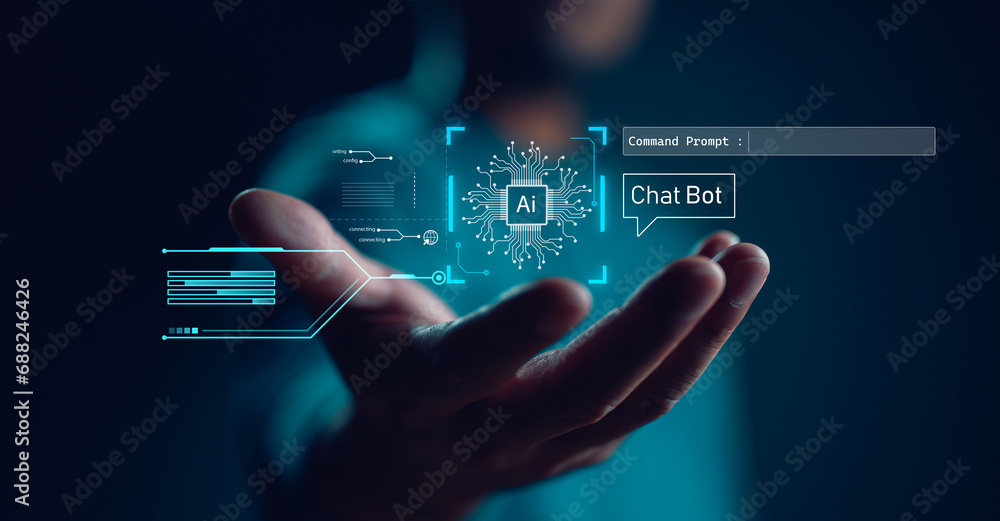 Poster ai tech, businessman show virtual graphic global internet connect chat with ai, artificial intellige