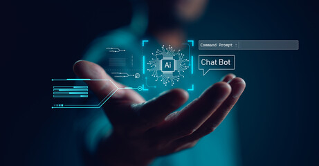 Ai tech, businessman show virtual graphic Global Internet connect Chat with AI, Artificial...