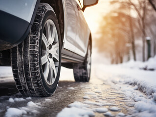 close up of car tires on snow covered road in winter