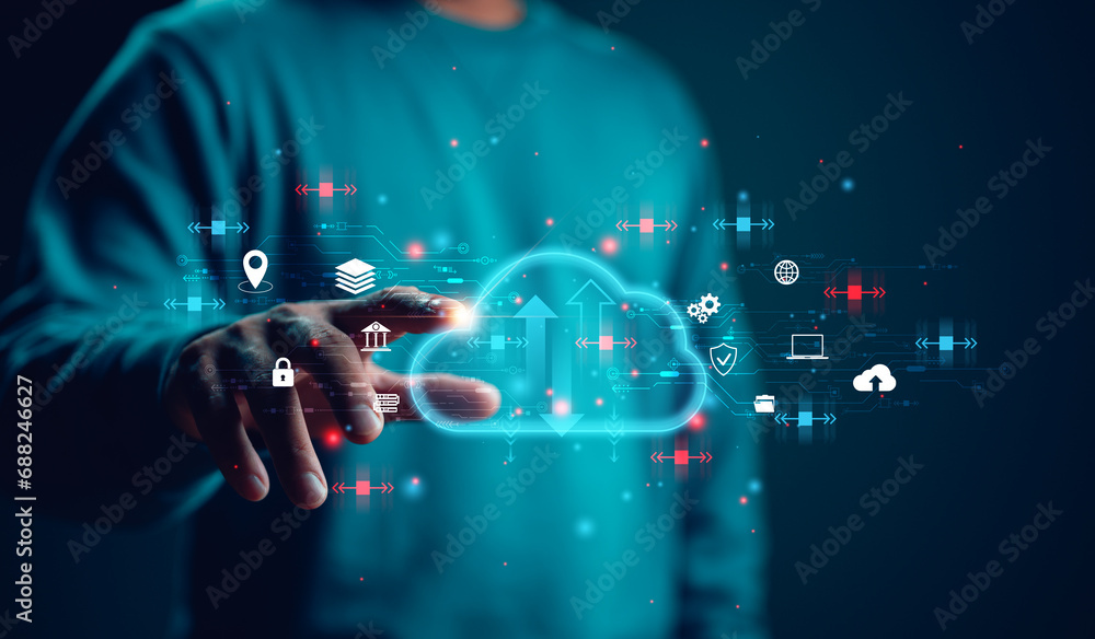 Aufkleber businessman touch on cloud computing diagram show on hand. cloud technology. data storage, data tran