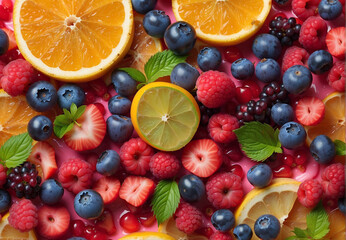 fruit cake with berries and citrus fruits, confectionery product