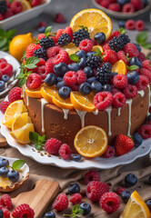 Naklejka na ściany i meble fruit cake with berries and citrus fruits, confectionery product