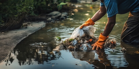 Close up people cleaning up rubbish in a river, keep the earth clean