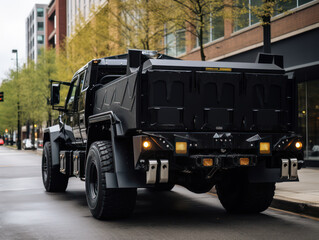 photo of a back black truck parked on the side of a city street