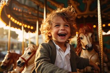 Fototapeta na wymiar Cheerful young boy having fun at an amusement park playing carousel