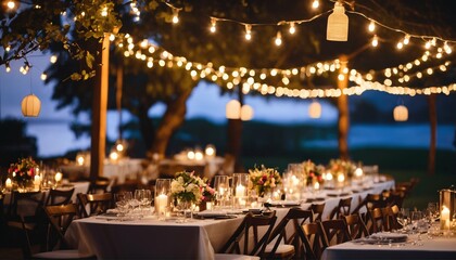 Cozy, ambient outdoor event in the evening - festive string lights, marquee tents, rustic wooden tables, lanterns, floral centerpieces - obrazy, fototapety, plakaty