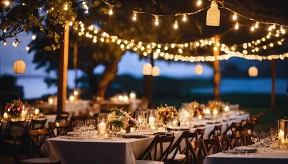 Fotobehang Cozy, ambient outdoor event in the evening - festive string lights, marquee tents, rustic wooden tables, lanterns, floral centerpieces © ibreakstock