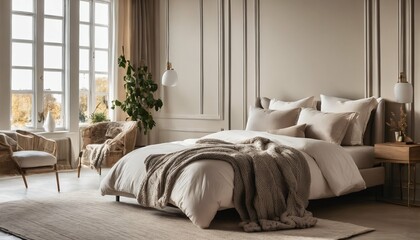 Cozy bedroom interior with window view of midwinter landscape - warm, snowy setting