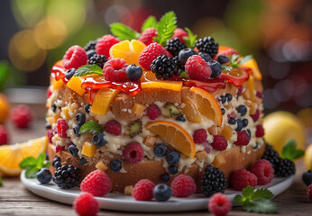 fruit cake with berries and citrus fruits, confectionery product