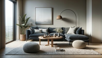 Scandinavian interior design - two knitted poufs near dark blue corner sofa in modern living room