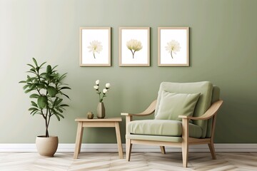 Modern living room interior with armchair, side table, plant, and framed wall art on a green wall.