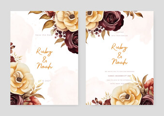 Red and beige peony modern wedding invitation template with floral and flower