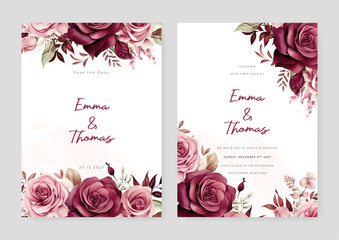 Red and pink rose wedding invitation card template with flower and floral watercolor texture vector
