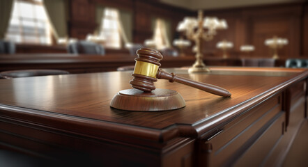 Fototapeta premium Gavel Resting on a Table Inside an Empty Courthouse.