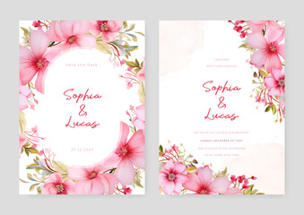 Pink cosmos floral wedding invitation card template set with flowers frame decoration