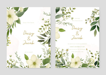 Fototapeta na wymiar White cosmos set of wedding invitation template with shapes and flower floral border