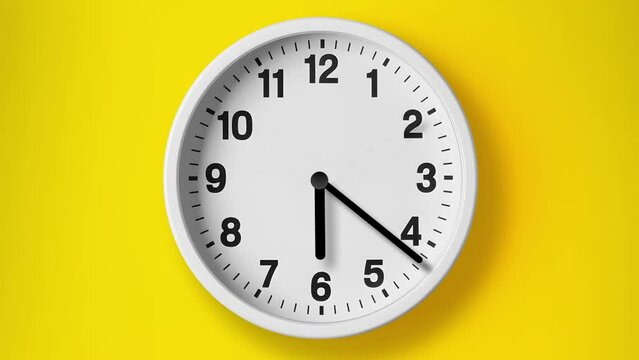 Analog wall clock spinning animation through the hours, AI generated clock image on an orange background