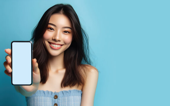 Young Asian Woman Smiling, Looking At Camera, Showing Mock Up Blank Empty Screen Of Smartphone, Mobile Phone Isolated On Blue Background. Copy Space For Text, Advertising, Message, Logo