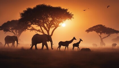 Fototapeta na wymiar African sunset with silhouettes of wild animals