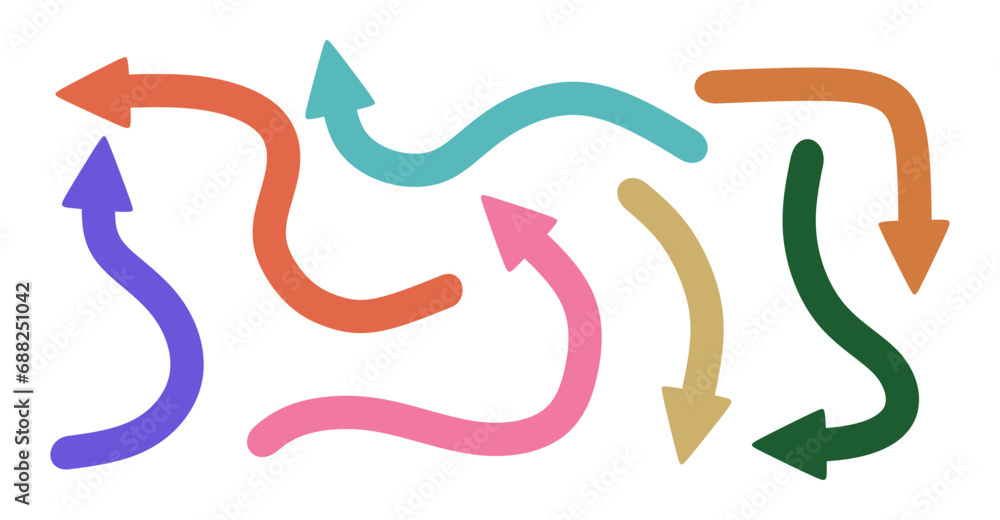 Aufkleber set of hand drawn colorful various arrows. collection of abstract modern arrow in doodle style. tren