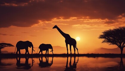 African sunset with silhouettes of wild animals

