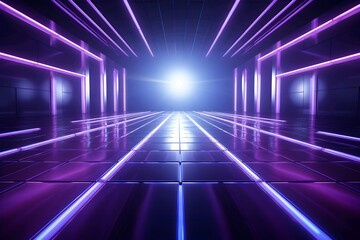 Futuristic neon tunnel with glowing purple lines and a bright light at the end, conveying a sense of speed and technology.